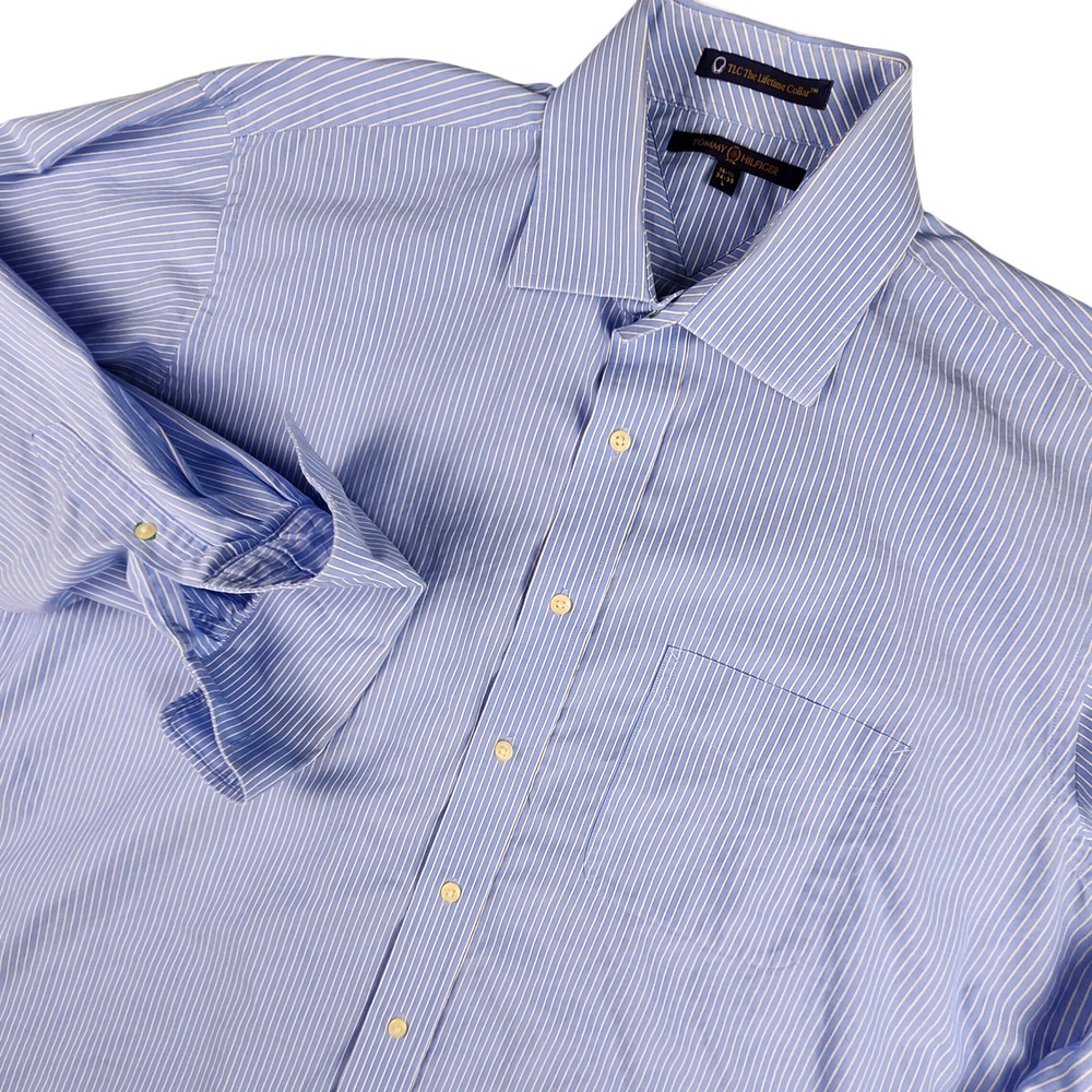 Tommy Hilfiger French Cuff Shirt Mens L Blue White Striped TLC Lifetime Collar